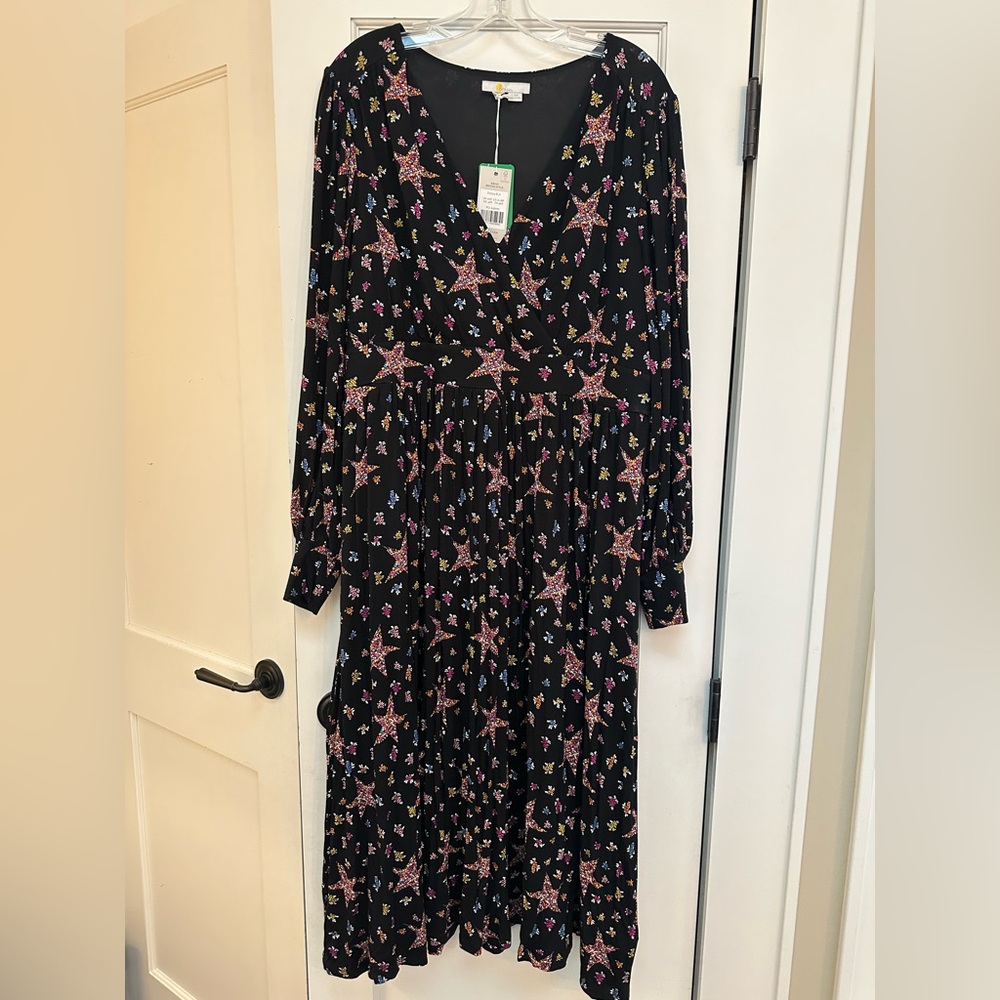 NWT BODEN PLEATED FAUX WRAP DRESS MOSAIC STARS AND FLORALS BLACK SIZE 16